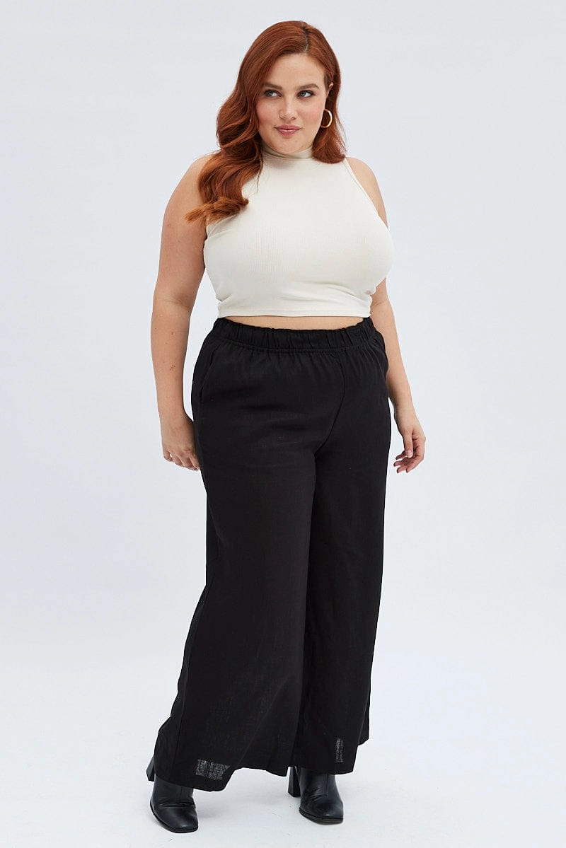 Warm Layer Stretch Flex Black Wide Leg Pants Elastic Waist
