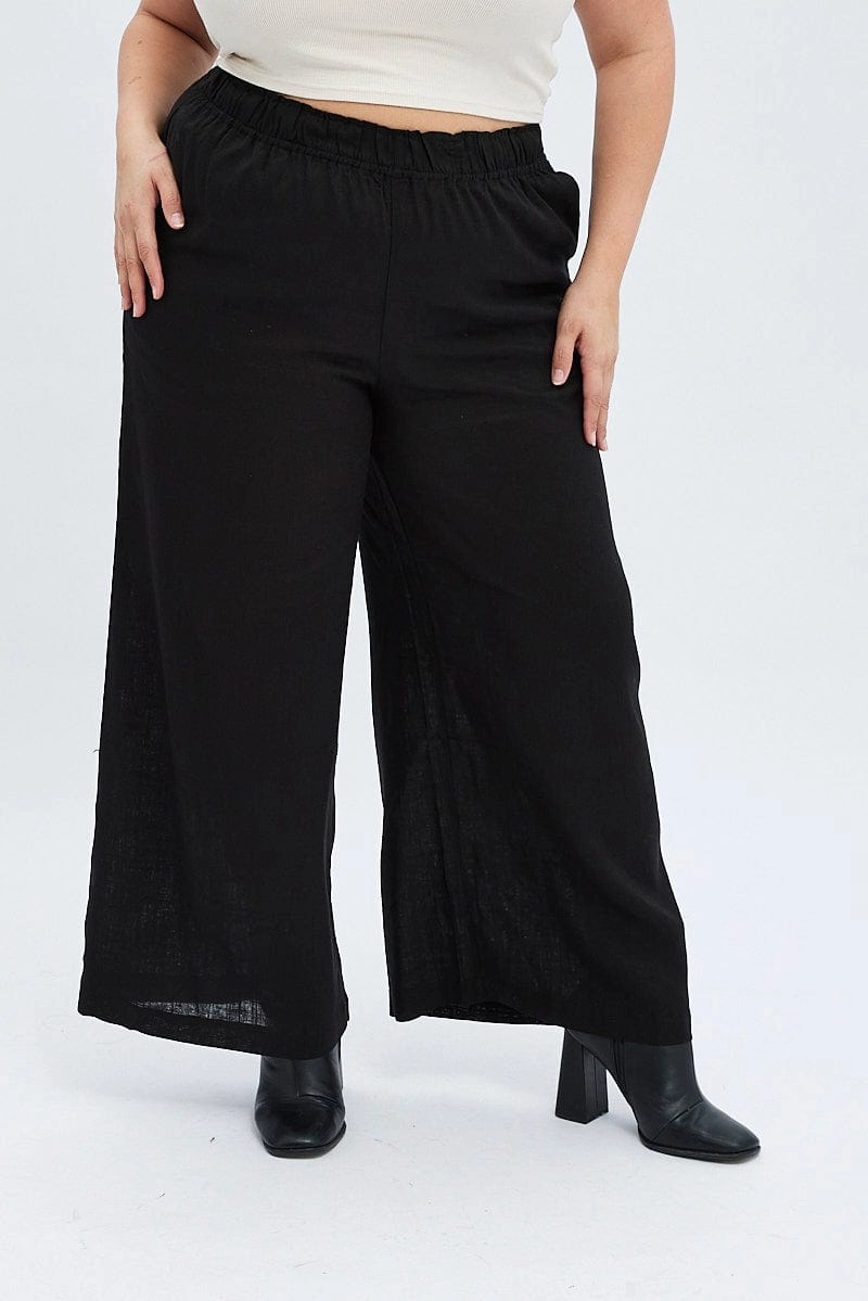 Cozy Wear Black Wide Leg Pants Elastic Waist