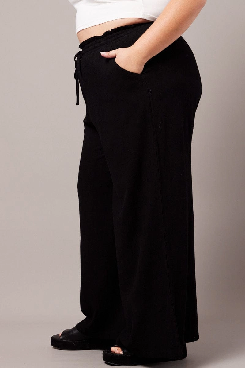 Boho chic Casual Office Black Wide Leg Pants High Rise