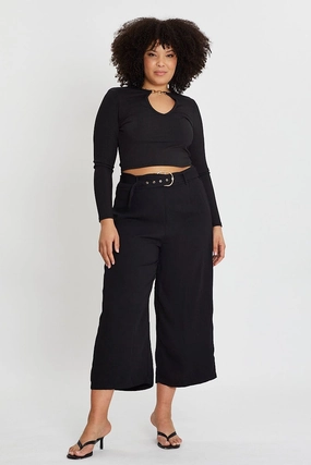 Reinforced Stress Points Stretch Waist Black Wide Leg Pants High Rise Waist Tie