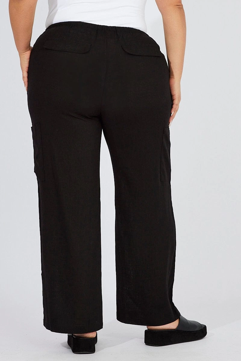 Black Wide Leg Pants Mid Rise Linen Blend Chilly Weather Wear Stay Dry