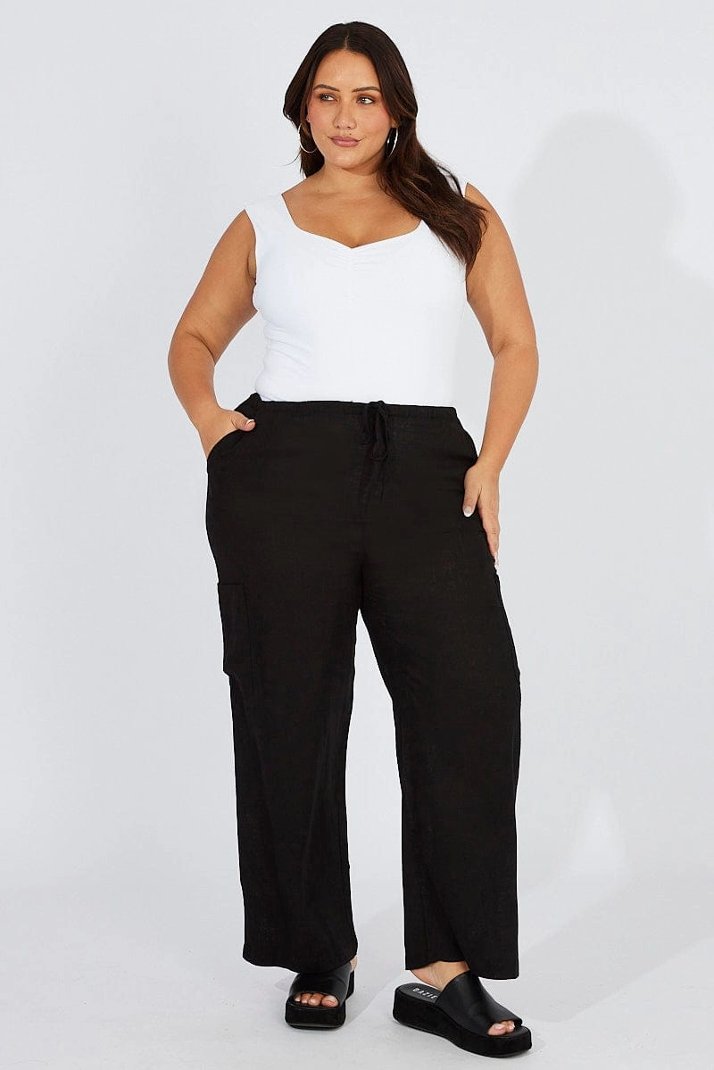 Black Wide Leg Pants Mid Rise Linen Blend Comfortable Fit Look Outdoor Friendly