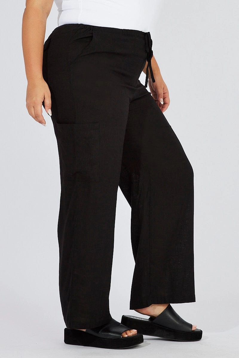 Black Wide Leg Pants Mid Rise Linen Blend Smart Fit