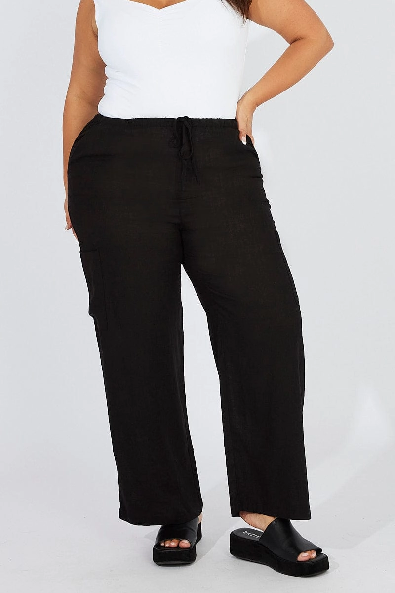 Low Bulk Design Cozy Essentials Black Wide Leg Pants Mid Rise Linen Blend