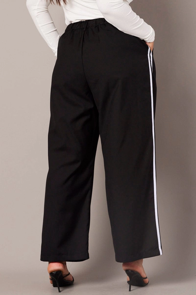 Wool blend Black Wide Leg Pants Side Stripe