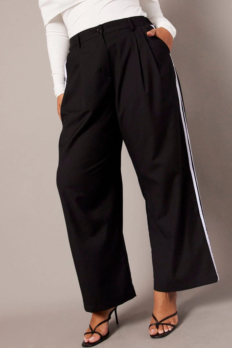 Black Wide Leg Pants Side Stripe Loose Design