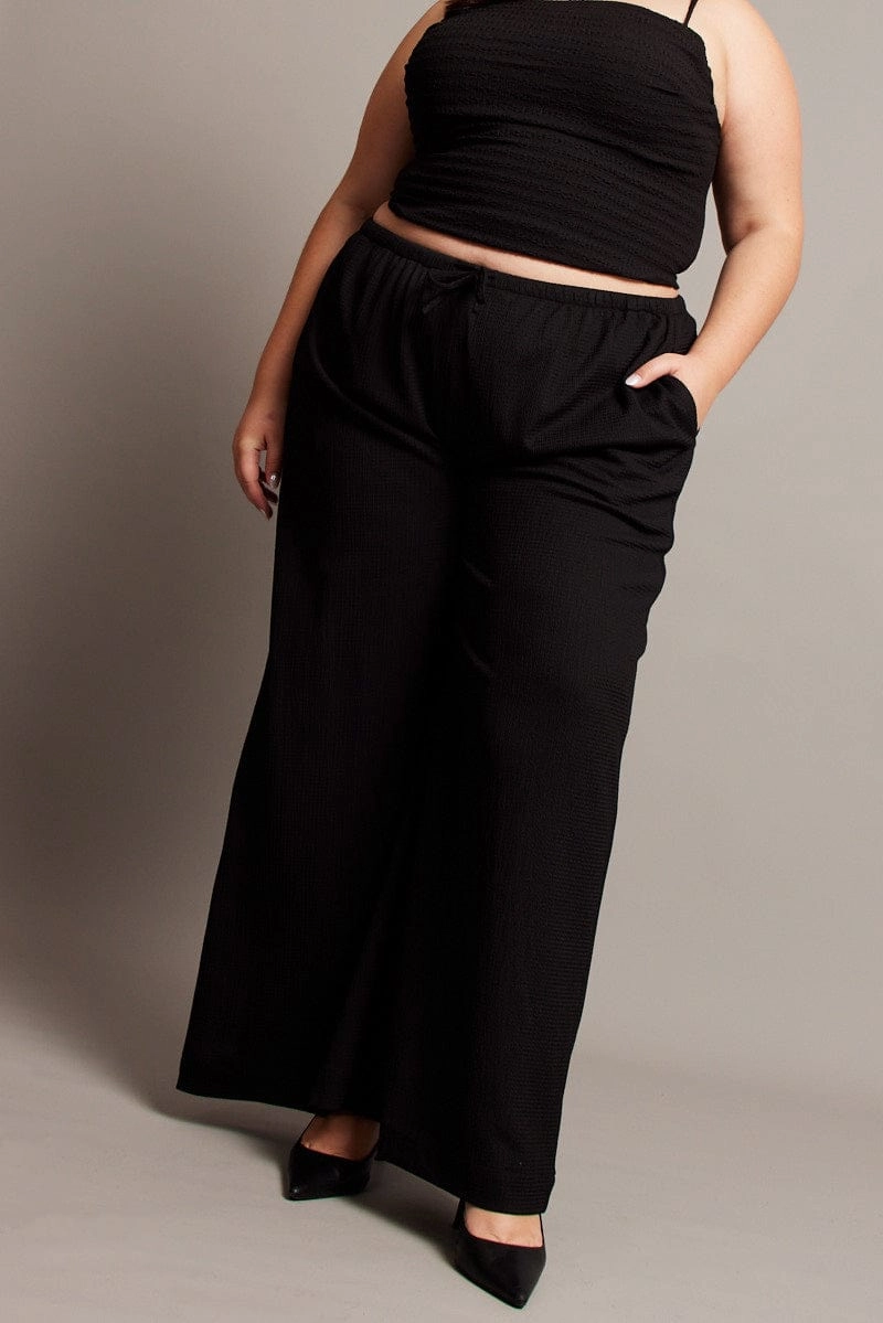 Black Wide Leg Textured Pants Versatile Waist Travel Essential