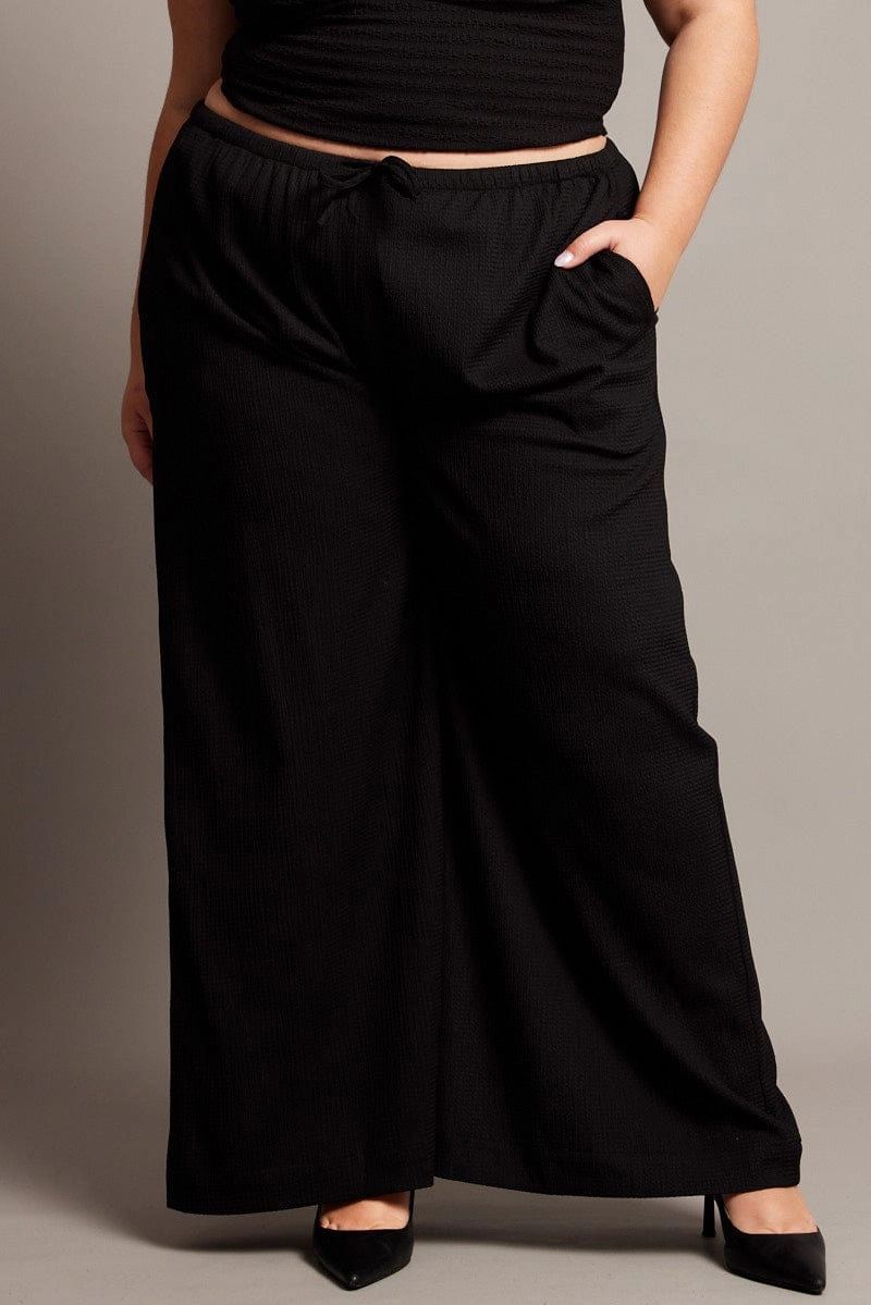 Black Wide Leg Textured Pants Minimal Fit