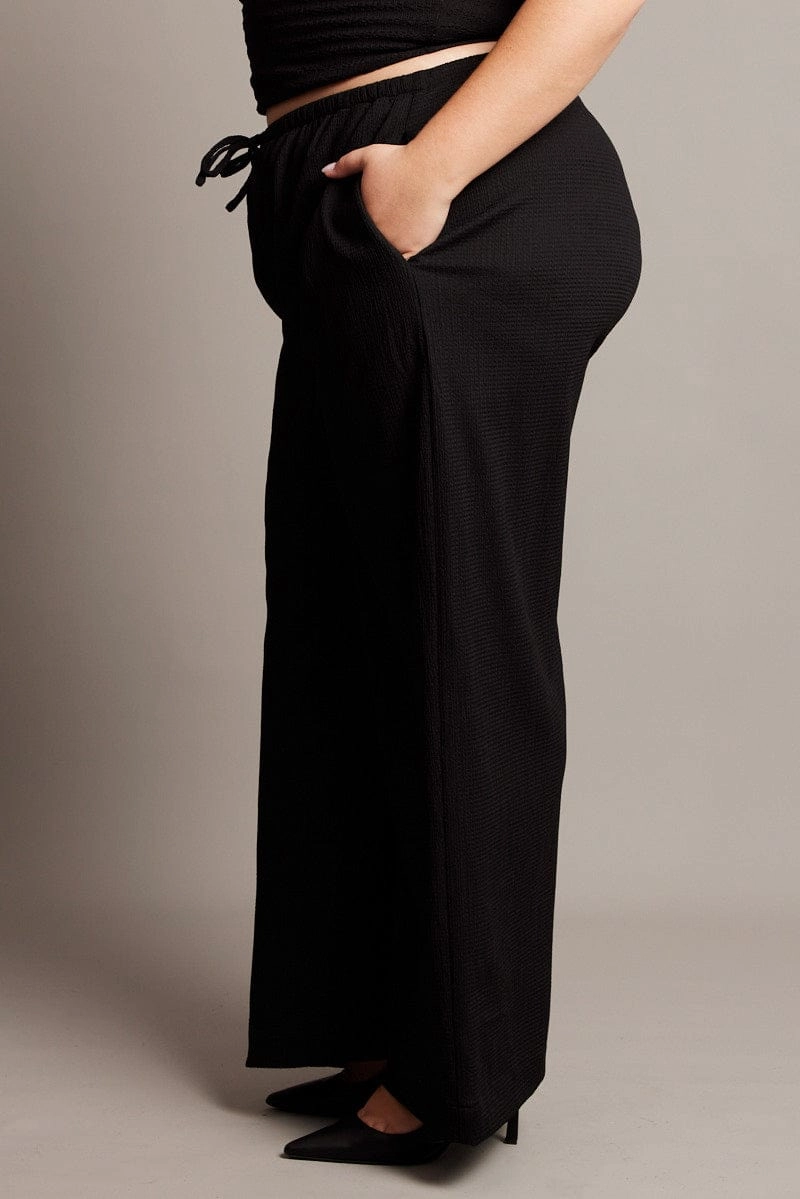 Black Wide Leg Textured Pants Stretch Fit Wear