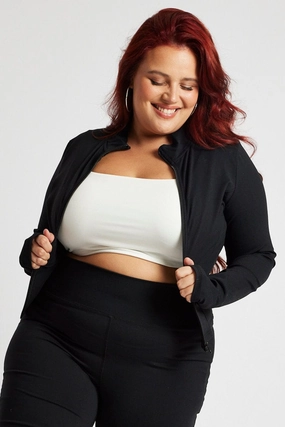 Black Zip Up Jacket Long Sleeve High Neck Longline Non Slip Collar Non Restrictive Mobility