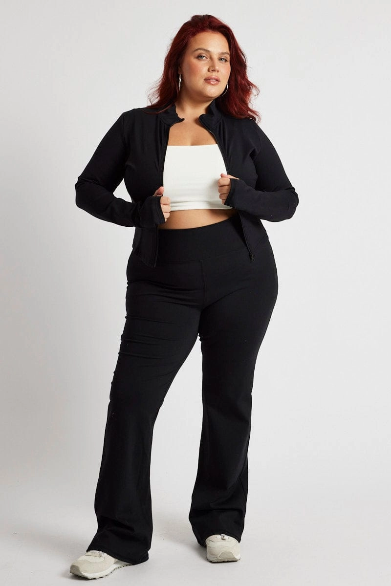 Organic Cotton Blend Black Zip Up Jacket Long Sleeve High Neck Longline