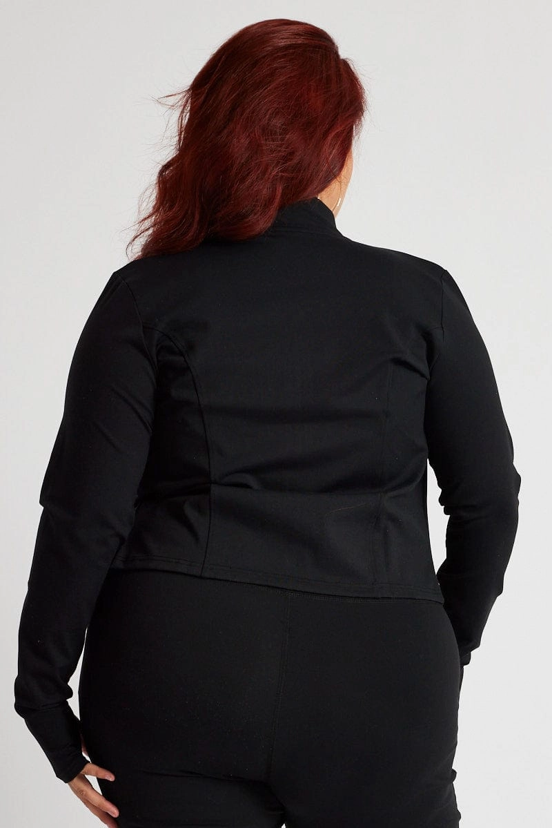 Black Zip Up Jacket Long Sleeve High Neck Longline Refined Style Moisture Control Fibers