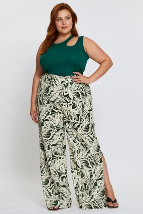 Stretch Fit luxe feel Trop Print Wide Leg Pants High Rise Waist Tie