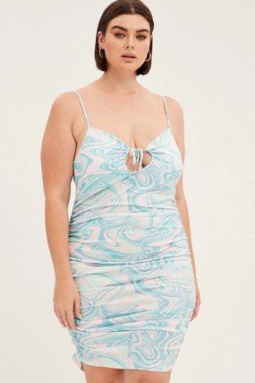 Luxurious Texture Luxe style Blue Abstract Bodycon Dress Drawstring Keyhole Ruched Side