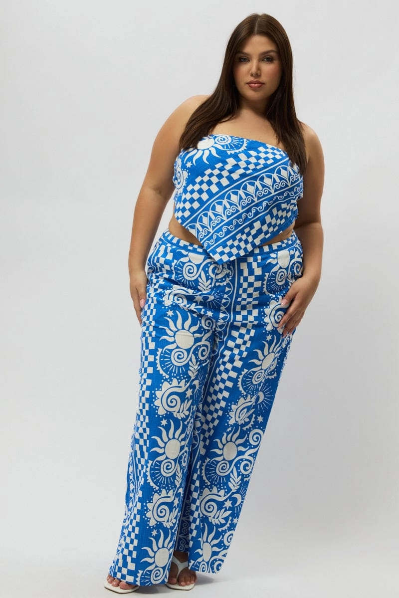 ElasticWaist Everyday Essential Blue Abstract Drawstring Wide Leg Linen Blend Pants