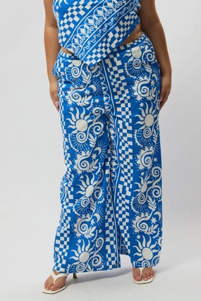 Blue Abstract Drawstring Wide Leg Linen Blend Pants Move Easy