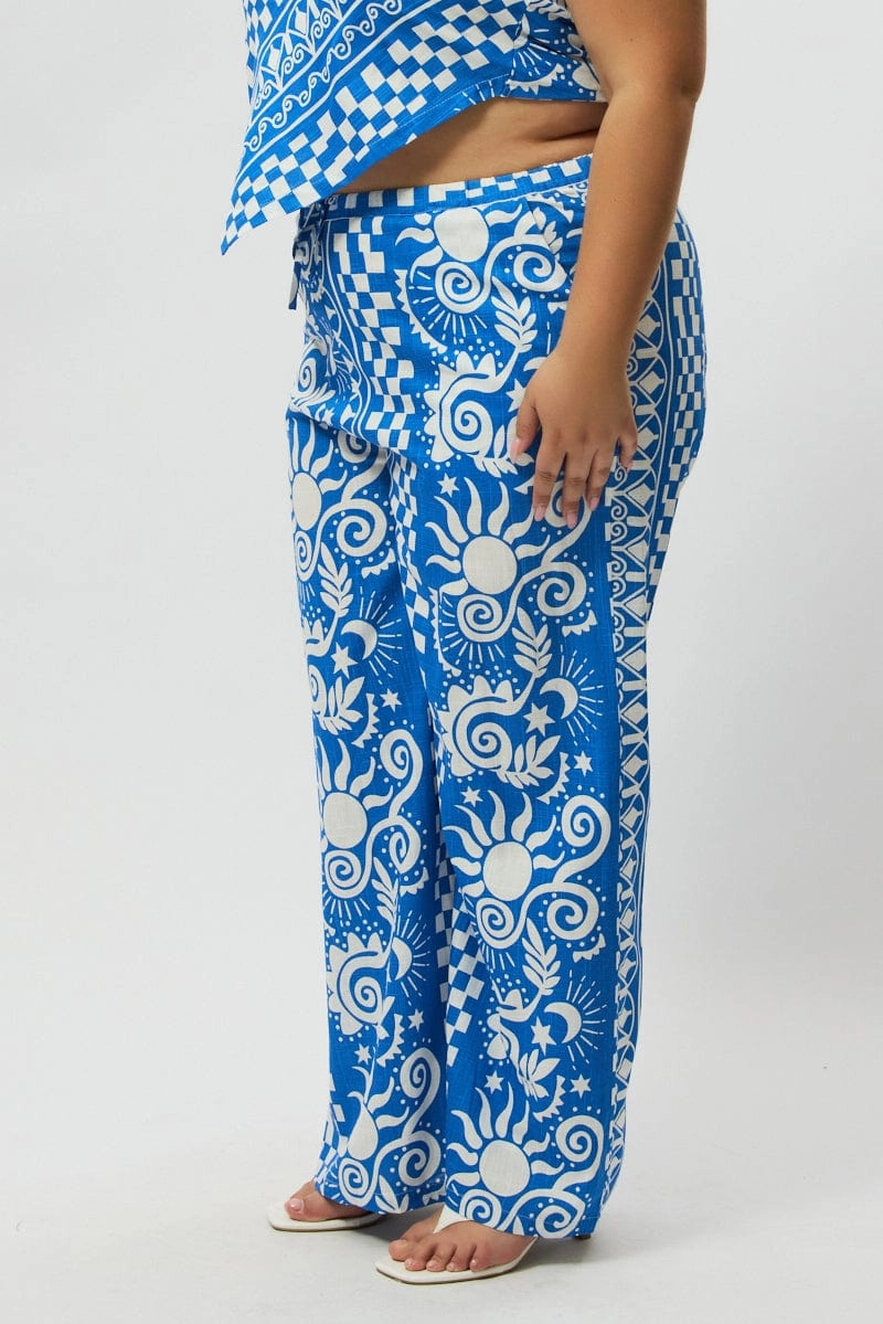Moisture Management Urban Flex Blue Abstract Drawstring Wide Leg Linen Blend Pants