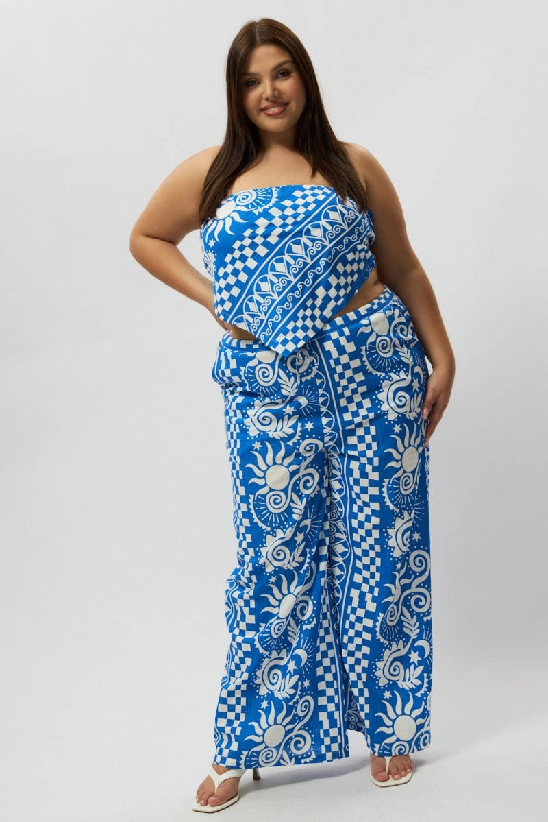 All Season Versatility Blue Abstract Drawstring Wide Leg Linen Blend Pants