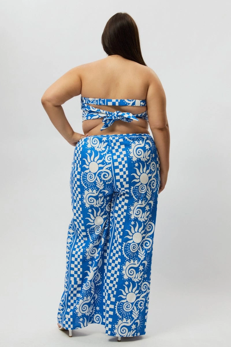 Blue Abstract Drawstring Wide Leg Linen Blend Pants Core Flex elastic waistband