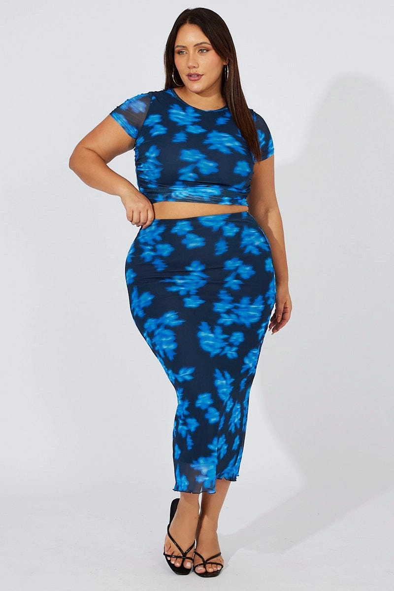 Chill Vibe Blue Abstract Mesh Midaxi Skirt