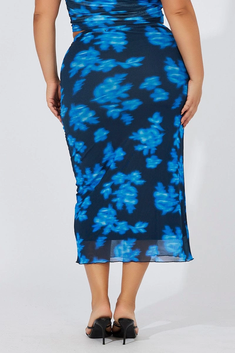 Laser cut Blue Abstract Mesh Midaxi Skirt