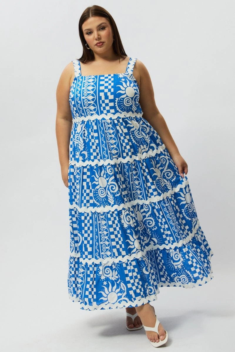 Smile Soft Subtle Finish Blue Abstract Midi Dress Sleeveless Tiered Ric Rac Linen Blend