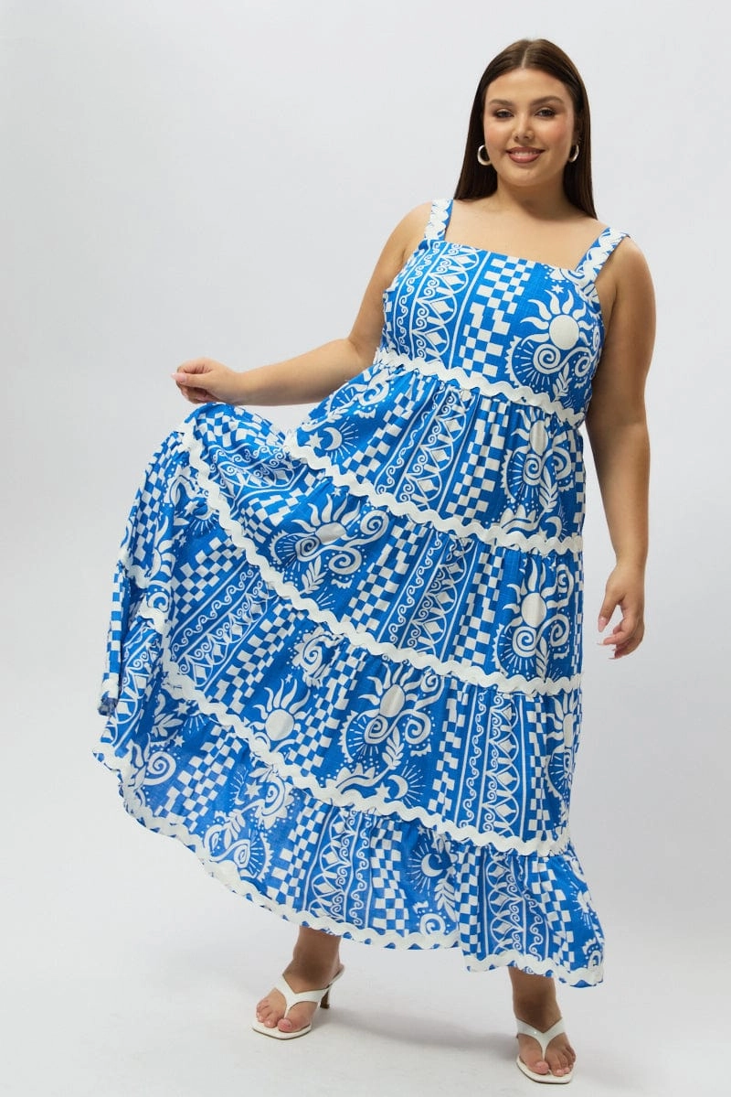 Refined touch Subtle Flex Blue Abstract Midi Dress Sleeveless Tiered Ric Rac Linen Blend