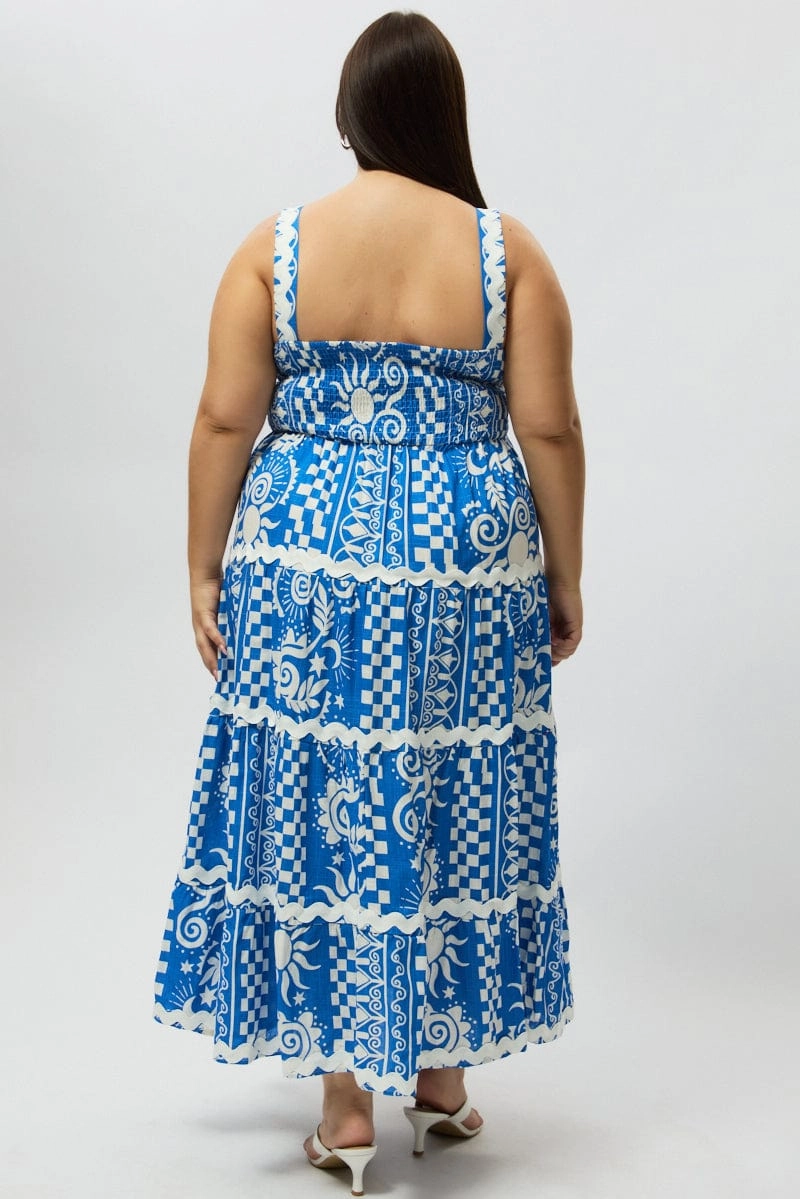 Blue Abstract Midi Dress Sleeveless Tiered Ric Rac Linen Blend Back Detail Satin Glow