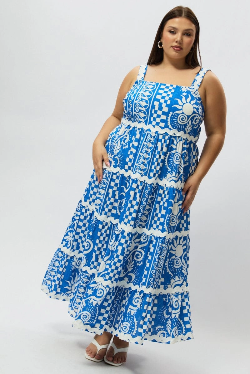 Smart Edge Neutral Form Blue Abstract Midi Dress Sleeveless Tiered Ric Rac Linen Blend
