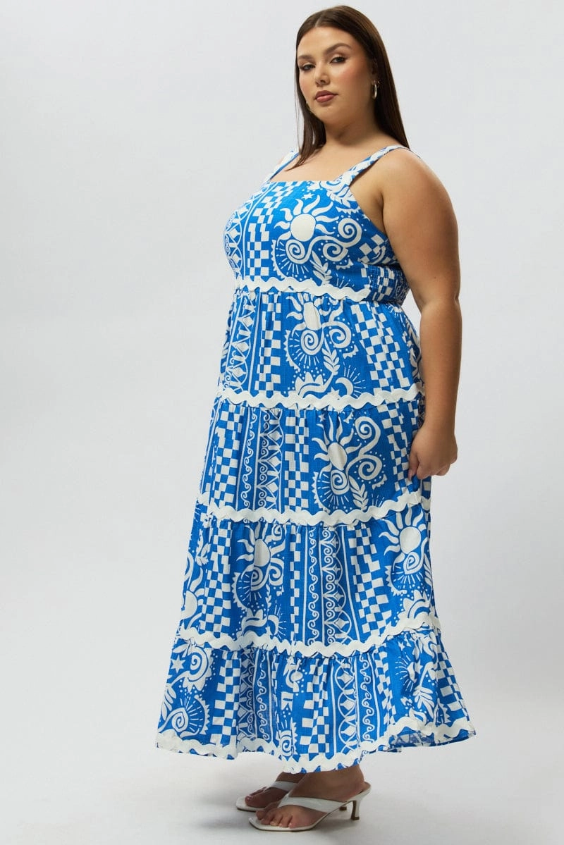 Cozy Mood Elegant Waistband Fit Blue Abstract Midi Dress Sleeveless Tiered Ric Rac Linen Blend