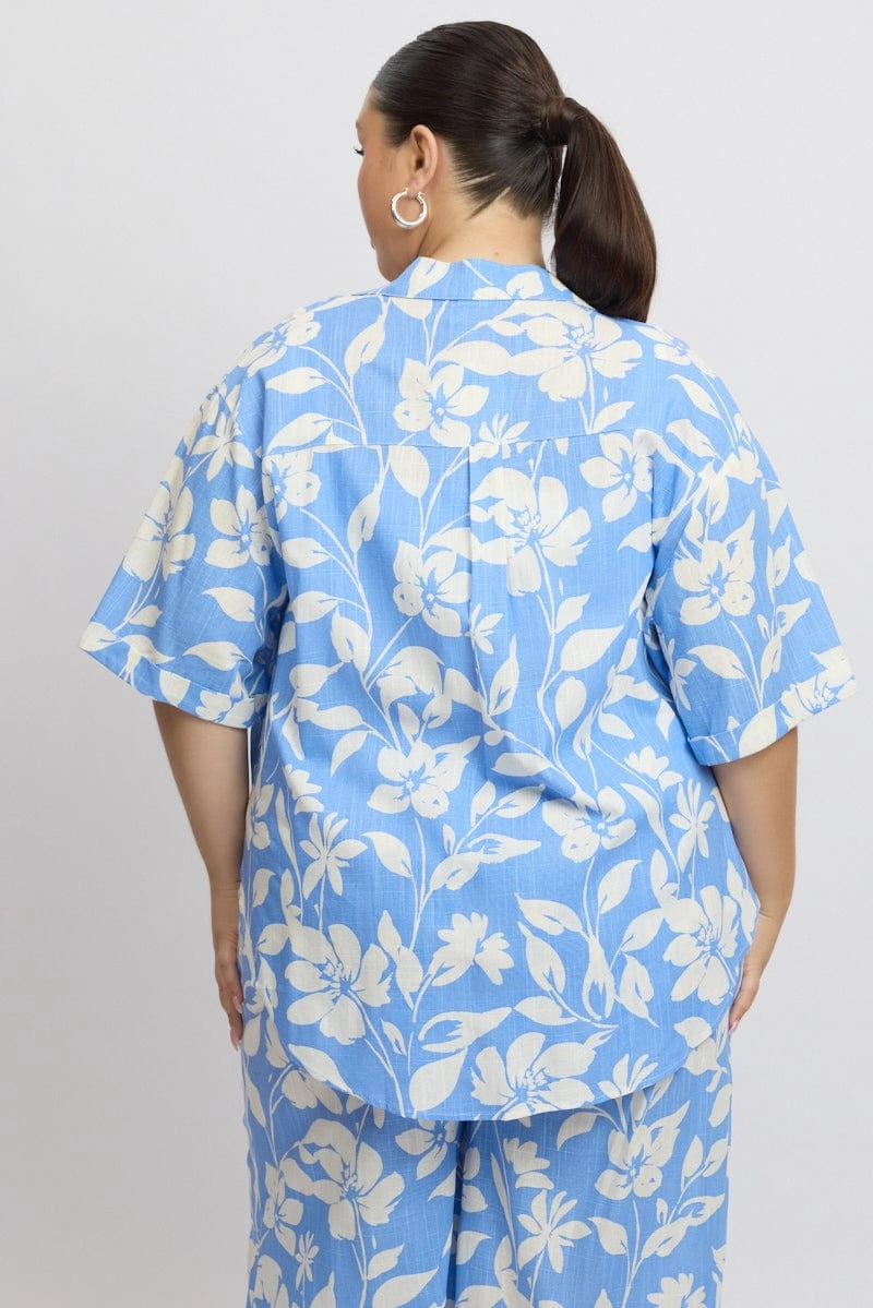 All Day Comfort Tech Soft Wear Blue Abstract Relaxed Shirt Short Sleeve Linen Blend