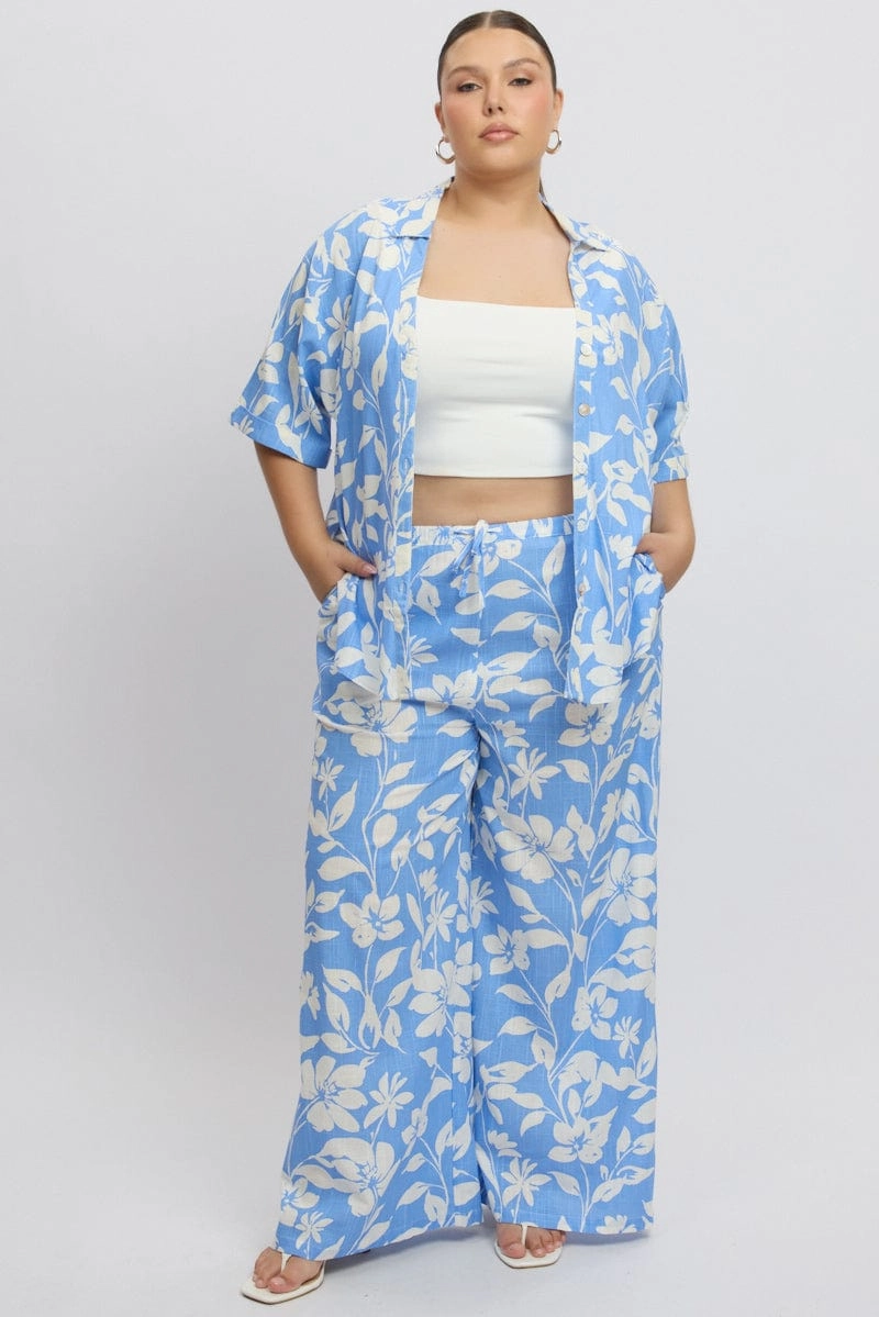 Cooling Mesh Lining Sustainable Choice Blue Abstract Relaxed Shirt Short Sleeve Linen Blend