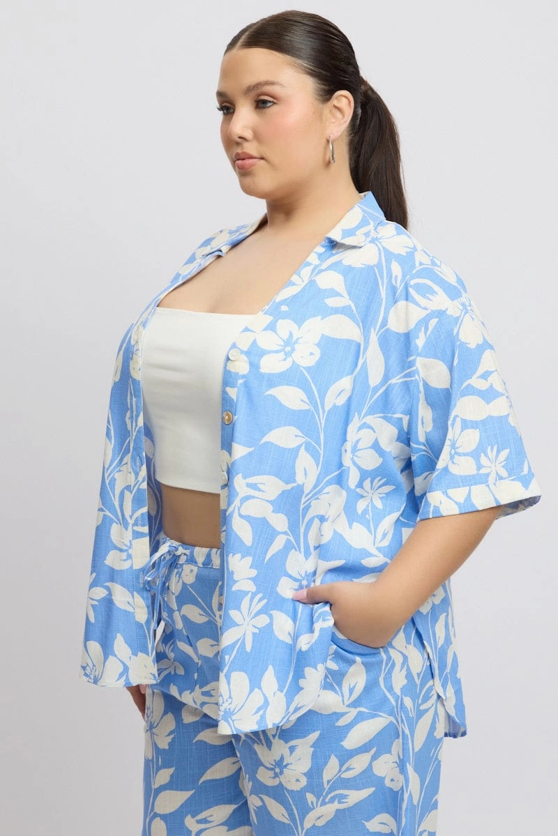 Bold colors Ultra Soft Interior Blue Abstract Relaxed Shirt Short Sleeve Linen Blend