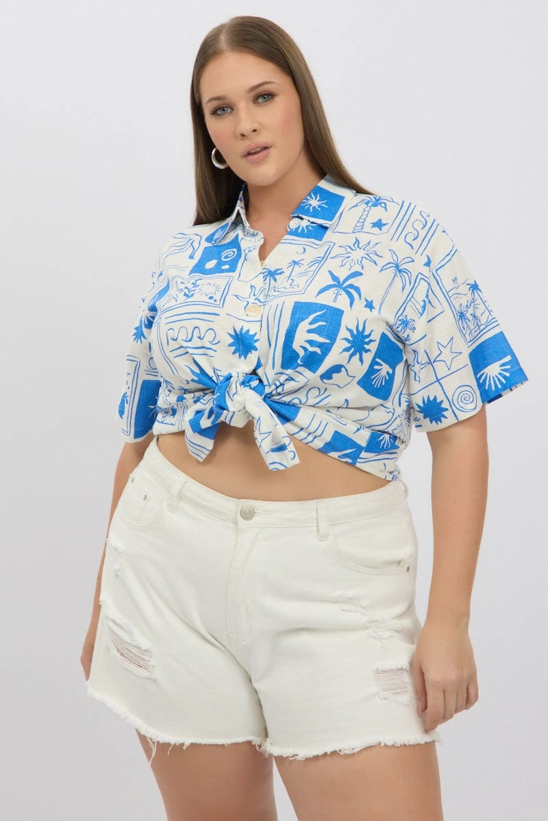 Moisture wicking Reinforced Hems Blue Abstract Relaxed Shirt Short Sleeve Linen Blend