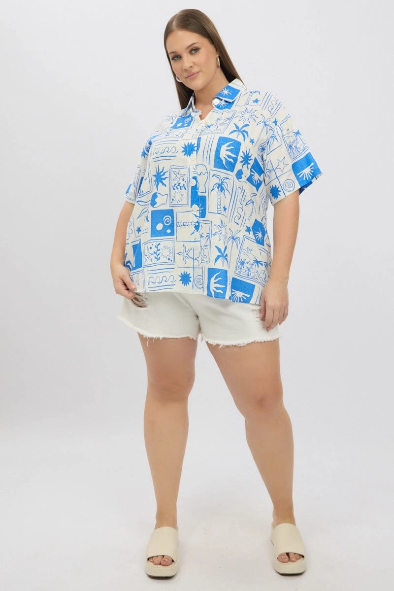 Earthy Palette Versatile Layer Blue Abstract Relaxed Shirt Short Sleeve Linen Blend