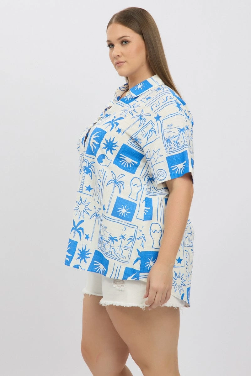 Anniversary Celebration Blue Abstract Relaxed Shirt Short Sleeve Linen Blend