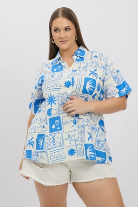 Anti Pilling Treatment Patterned Texture Blue Abstract Relaxed Shirt Short Sleeve Linen Blend