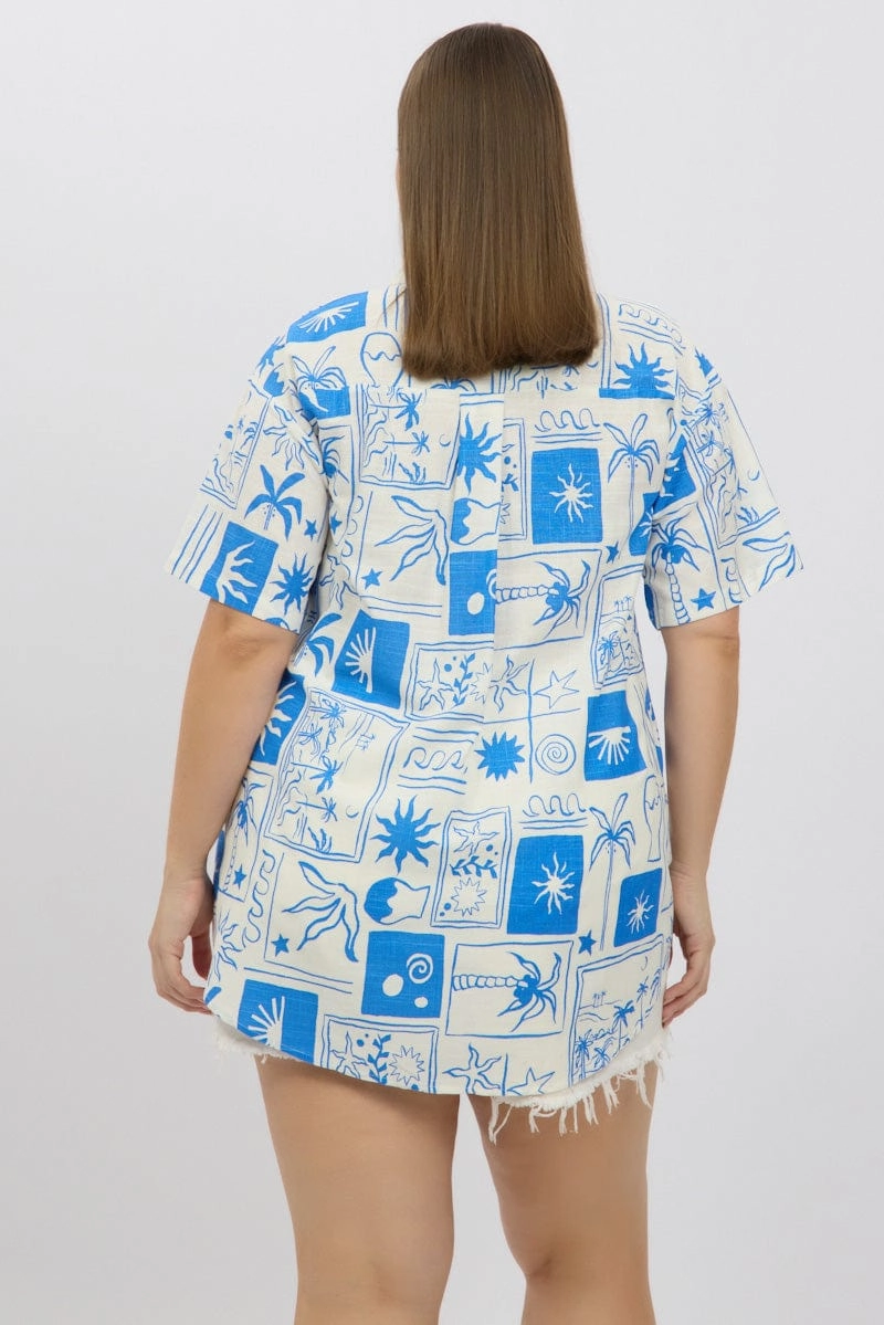 Blue Abstract Relaxed Shirt Short Sleeve Linen Blend Urban Style