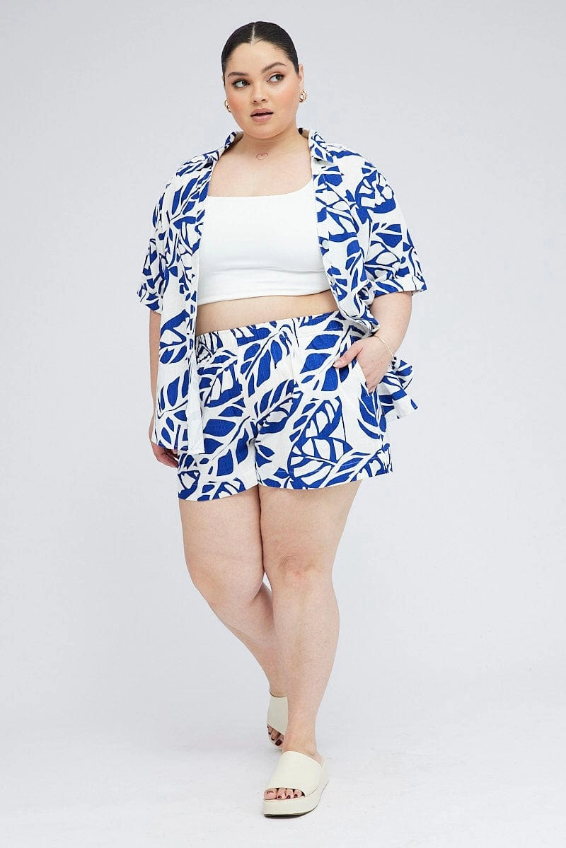 Quick Access Zip Pockets fade - resistant Blue Abstract Relaxed Shorts High Rise