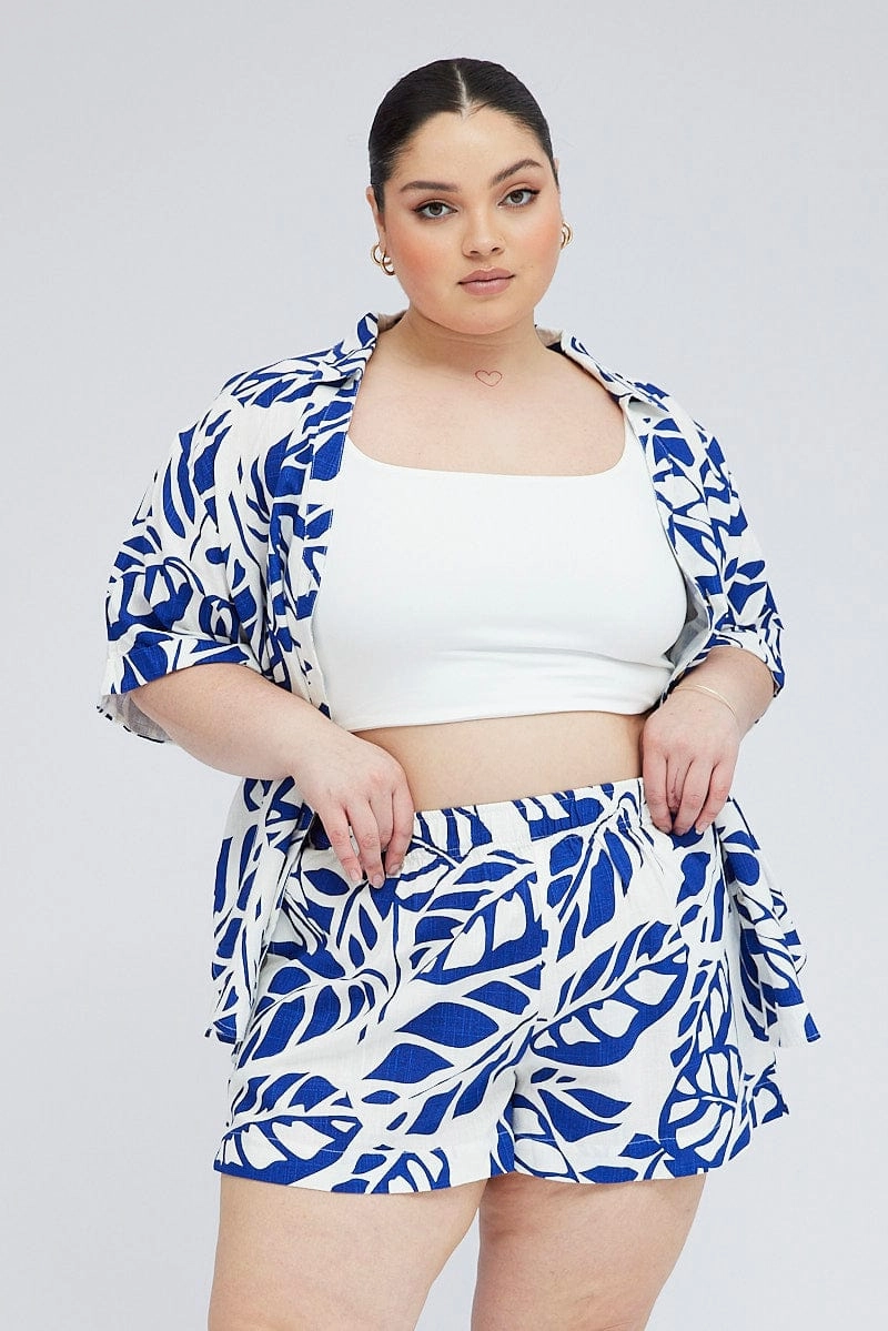 belt beauty industry Blue Abstract Relaxed Shorts High Rise