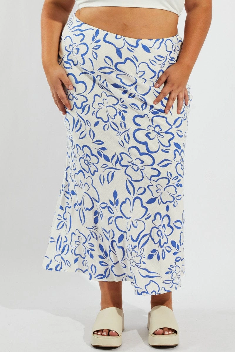 Functional Detail Blue Abstract Slip Skirt Linen Blend