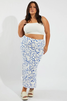 Blue Abstract Slip Skirt Linen Blend Smooth Layer