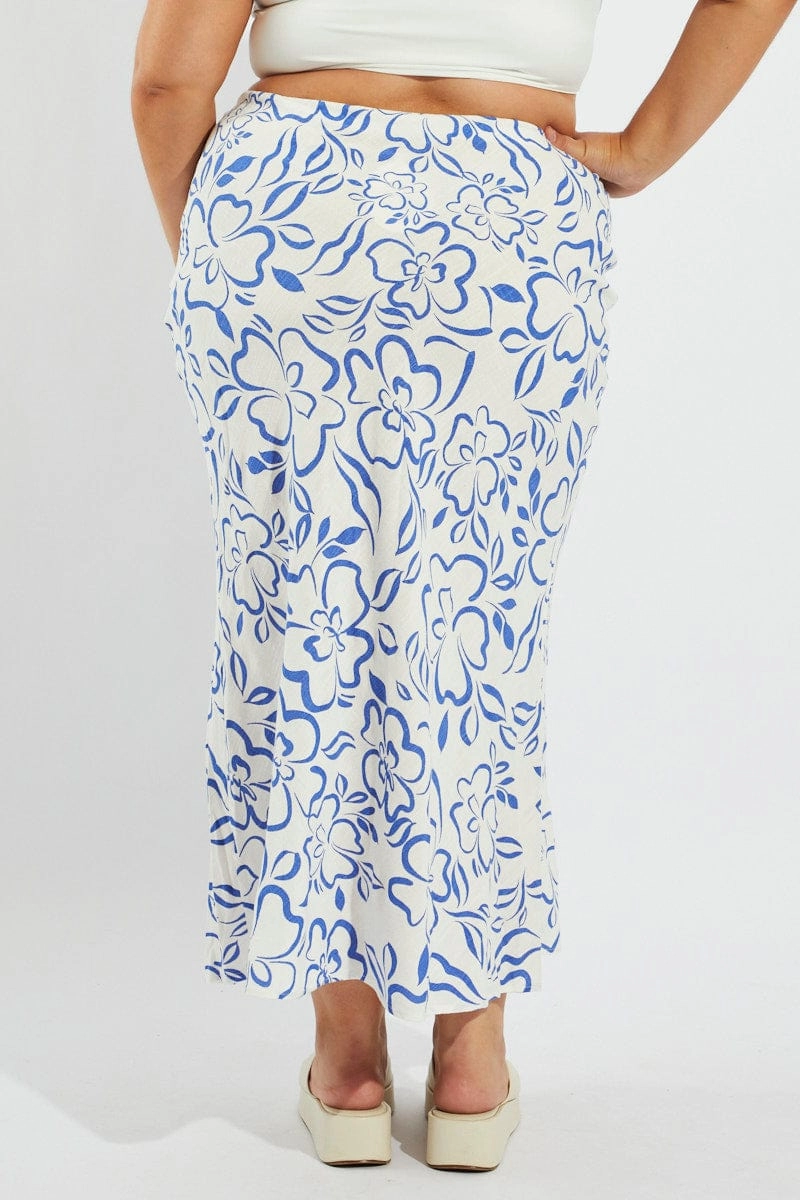 Blue Abstract Slip Skirt Linen Blend Breezy Style Fashion Fusion