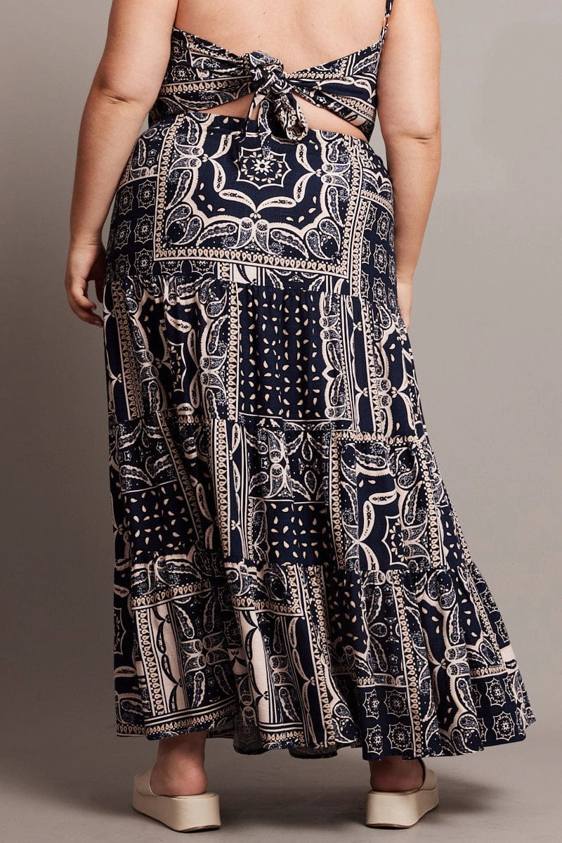 Blue Abstract Tiered Maxi Skirt Date night Influencer Style