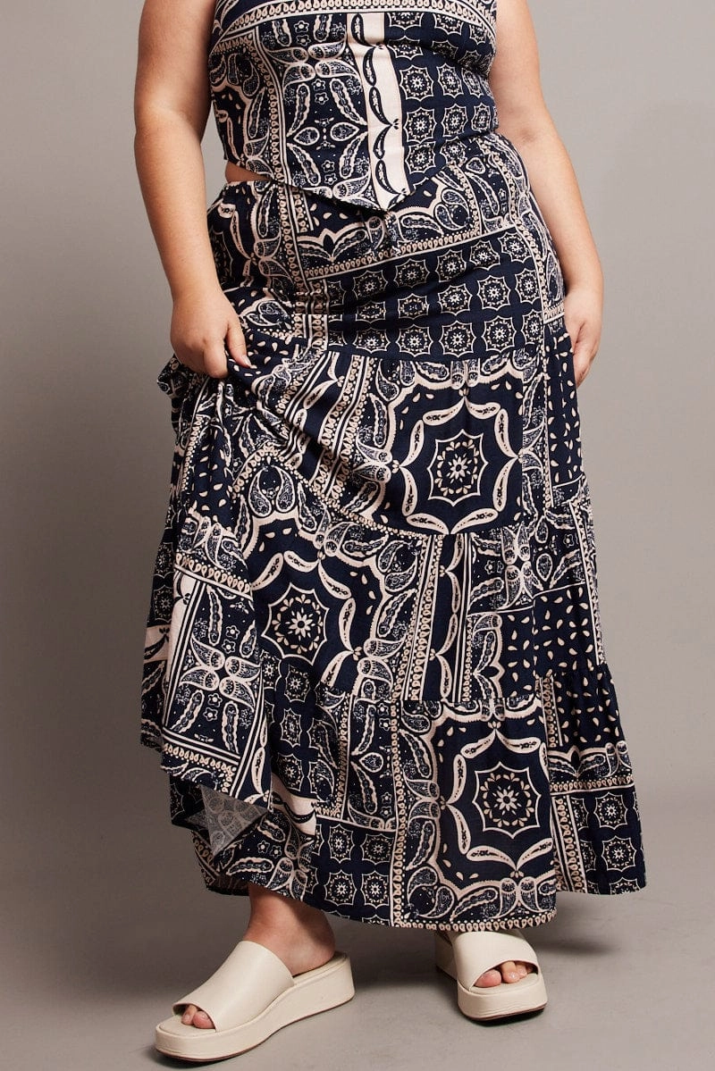Blue Abstract Tiered Maxi Skirt Art Gallery Visit Modern Luxe