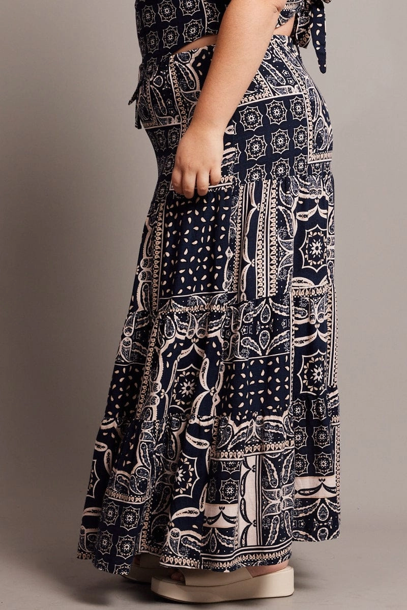 Clean Style Chic Look Blue Abstract Tiered Maxi Skirt