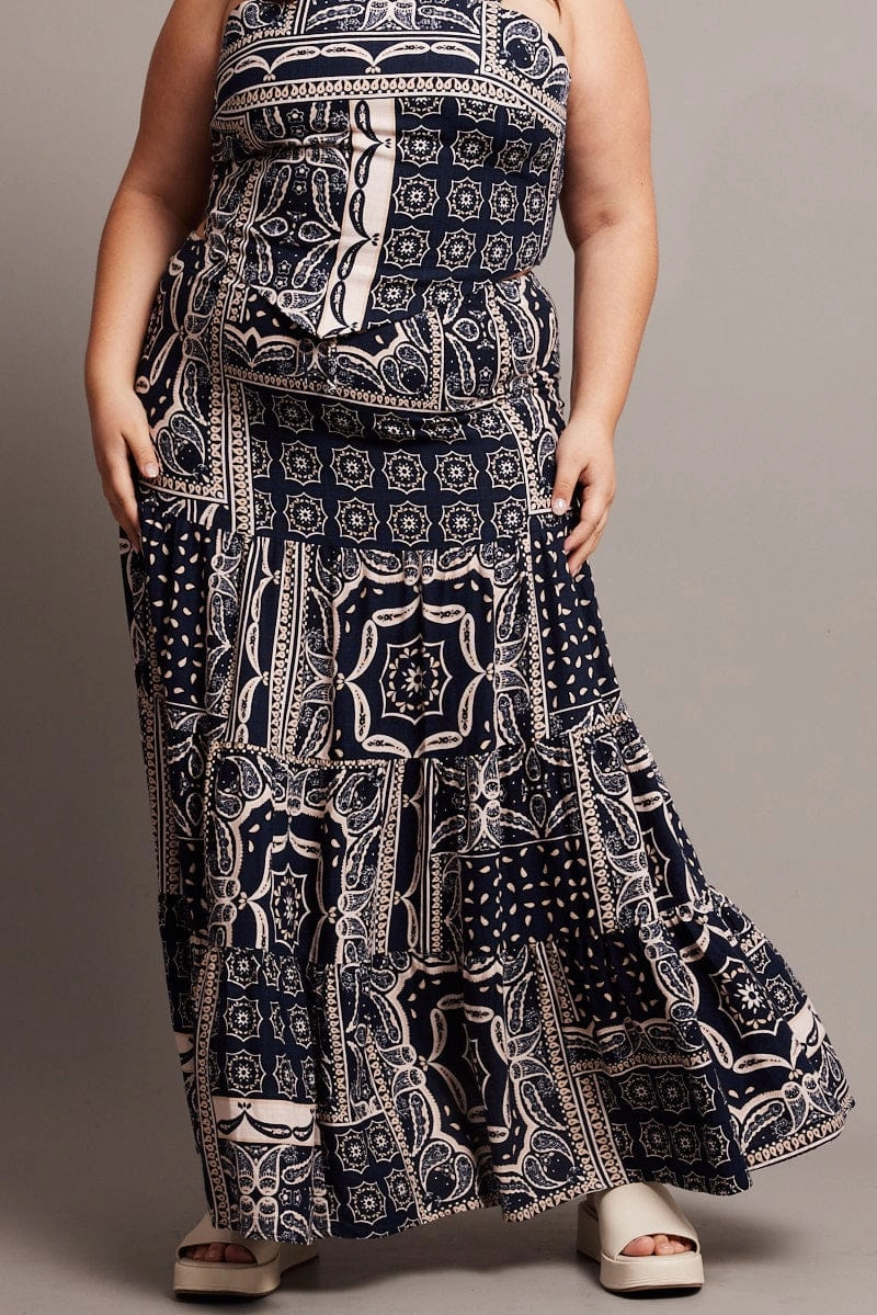 Blue Abstract Tiered Maxi Skirt Subtle Mood Classic Mood