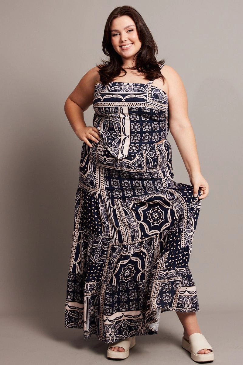 Blue Abstract Tiered Maxi Skirt Bold Look