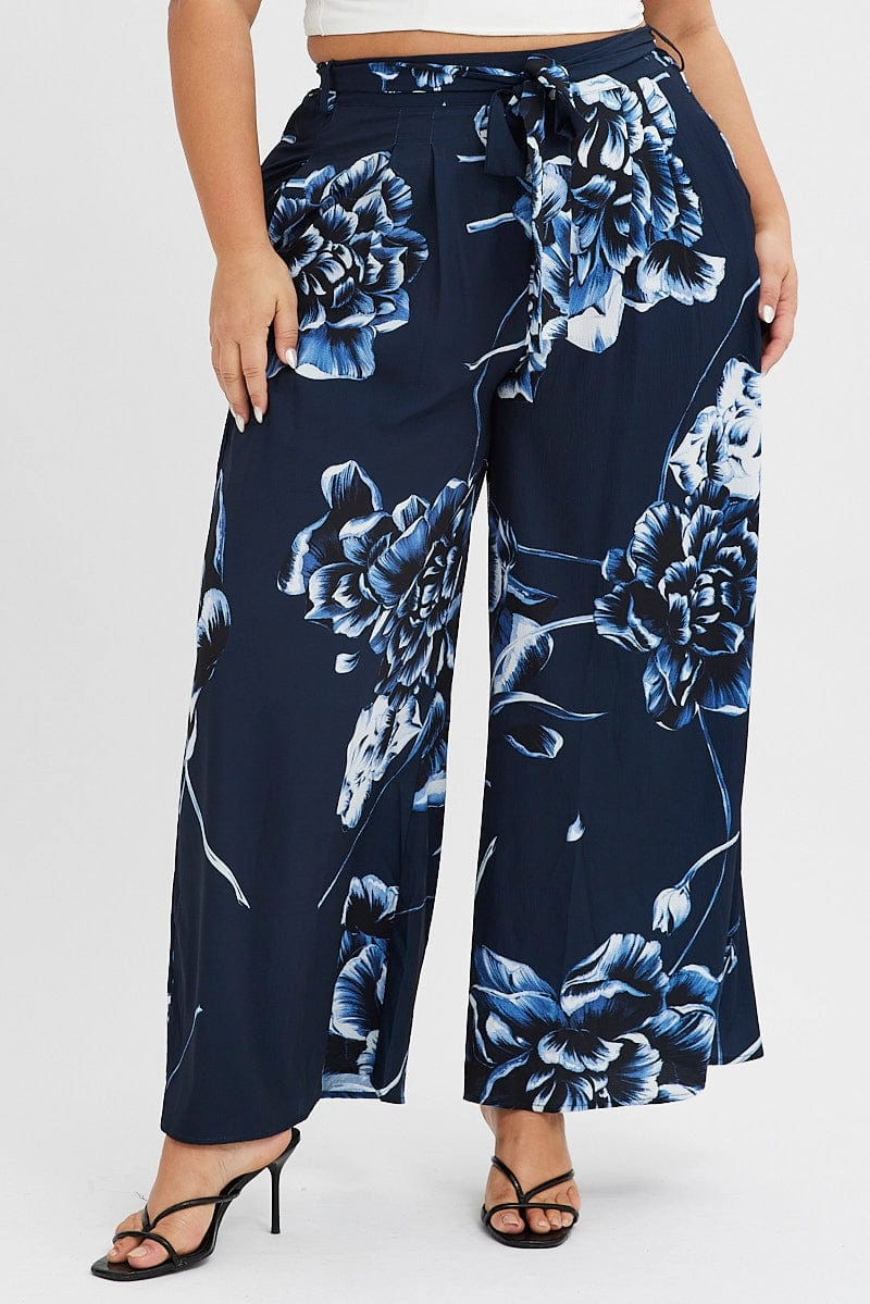Blue Abstract Wideleg Pants Tie Waist Crepe Trendy Cut