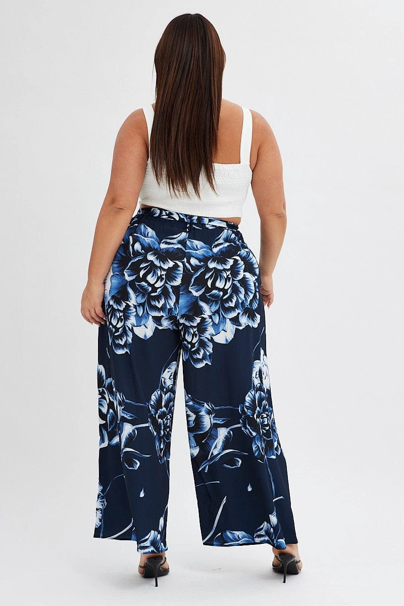 Blue Abstract Wideleg Pants Tie Waist Crepe slim fit Built-in shorts